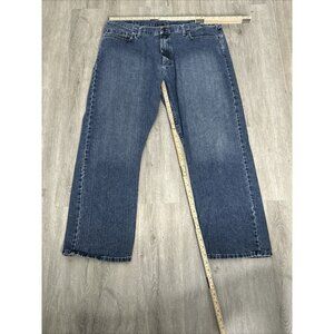 Wrangler Mens Relax Straight Jeans 42x30 Dark Wash Blue Denim Wide Leg‎ Distress